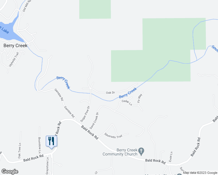 map of restaurants, bars, coffee shops, grocery stores, and more near 80 Oak Drive in Berry Creek