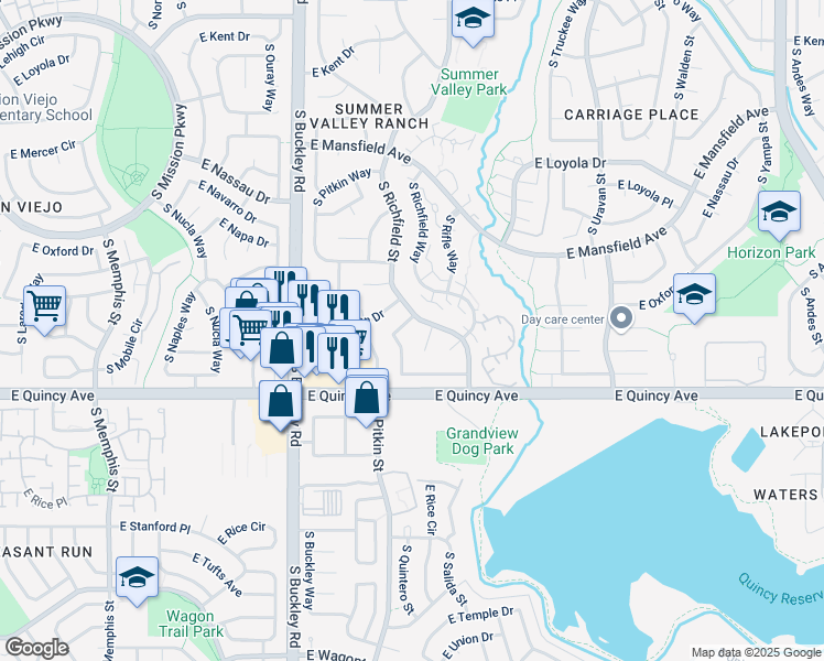 map of restaurants, bars, coffee shops, grocery stores, and more near 4222 South Quintero Way in Aurora