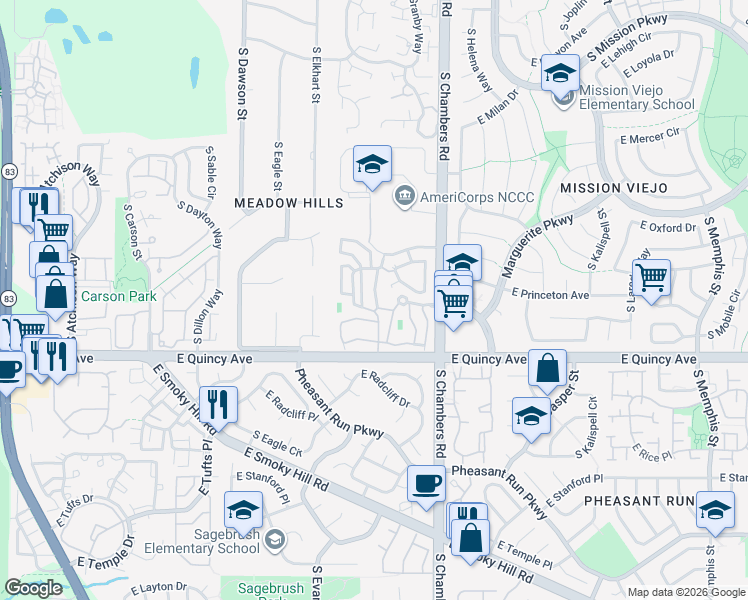 map of restaurants, bars, coffee shops, grocery stores, and more near 4136 South Granby Court in Aurora
