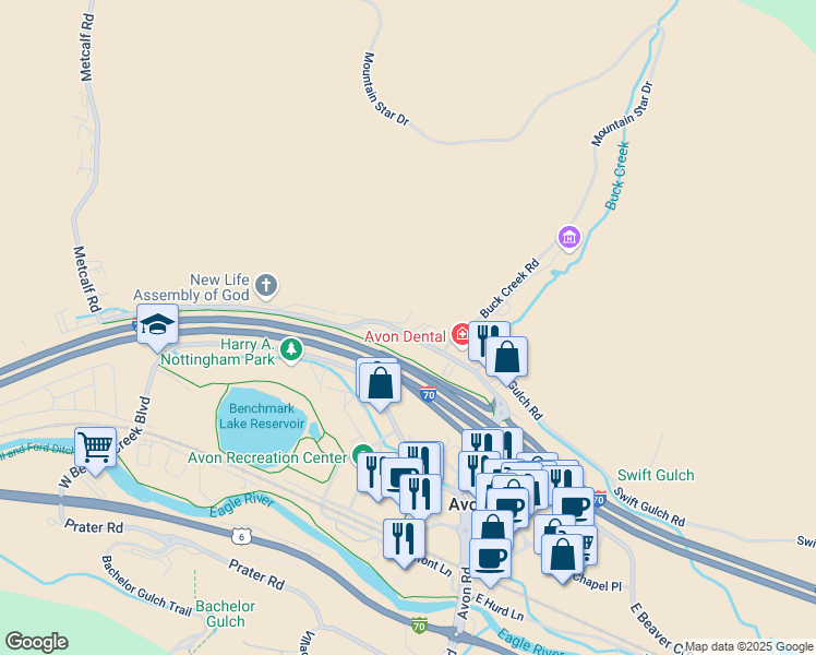 map of restaurants, bars, coffee shops, grocery stores, and more near 220 Nottingham Road in Avon