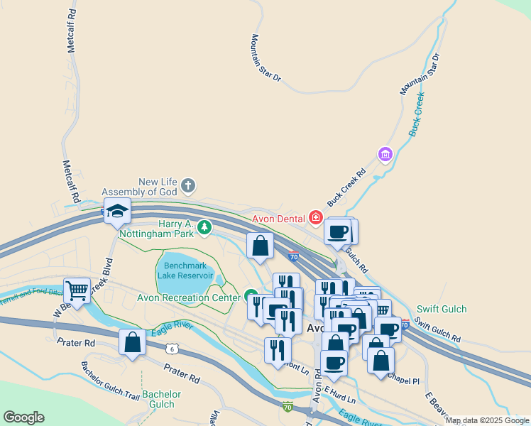 map of restaurants, bars, coffee shops, grocery stores, and more near 371 Nottingham Road in Avon