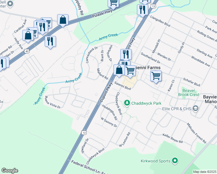 map of restaurants, bars, coffee shops, grocery stores, and more near 8 West Sussex Place in New Castle
