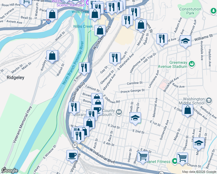 map of restaurants, bars, coffee shops, grocery stores, and more near 946 Maryland Avenue in Cumberland