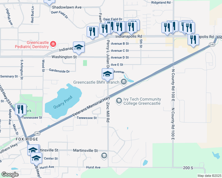 map of restaurants, bars, coffee shops, grocery stores, and more near 1007 Mill Pond Lane in Greencastle