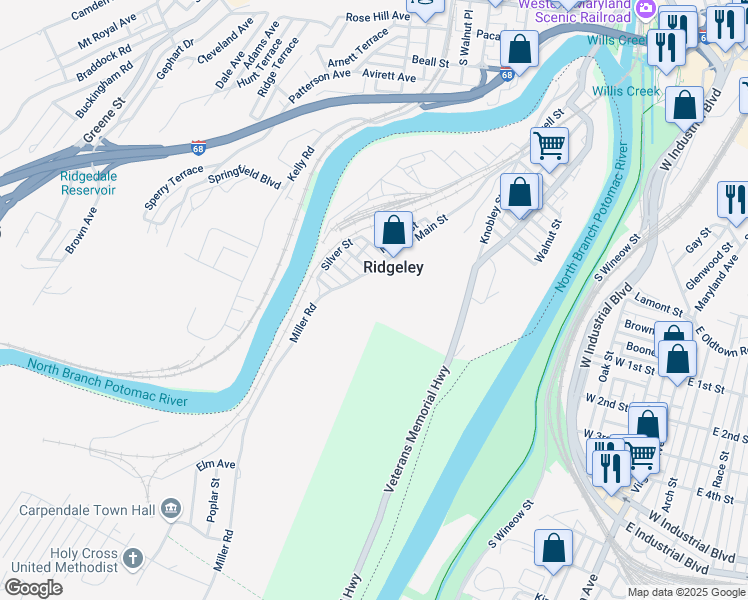 map of restaurants, bars, coffee shops, grocery stores, and more near 204 Main Street in Ridgeley