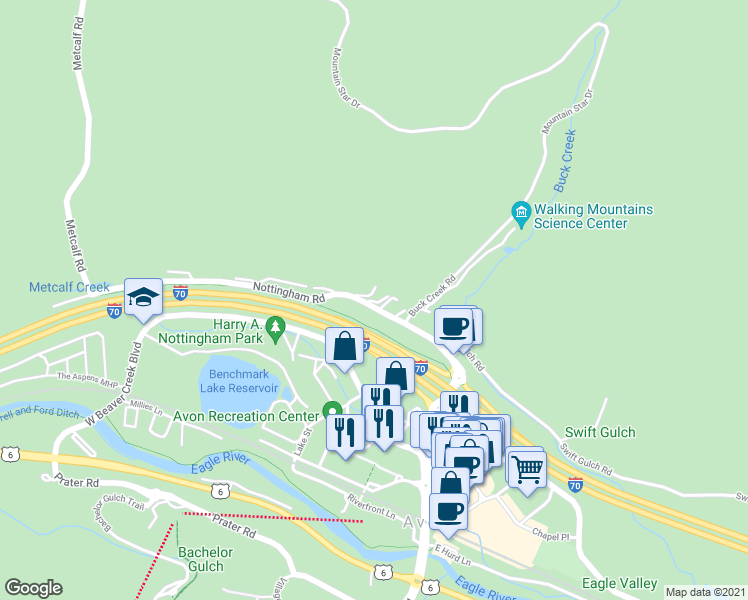 map of restaurants, bars, coffee shops, grocery stores, and more near 220 Nottingham Road in Avon