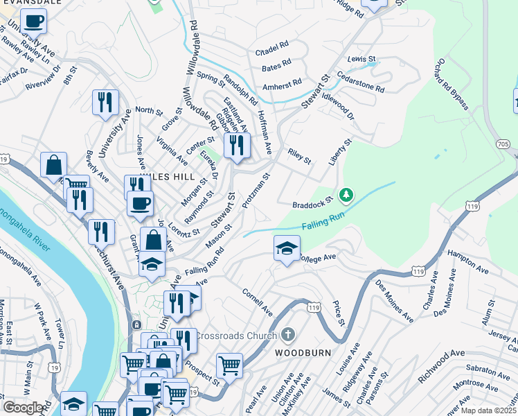 map of restaurants, bars, coffee shops, grocery stores, and more near 11 Glenn Street in Morgantown