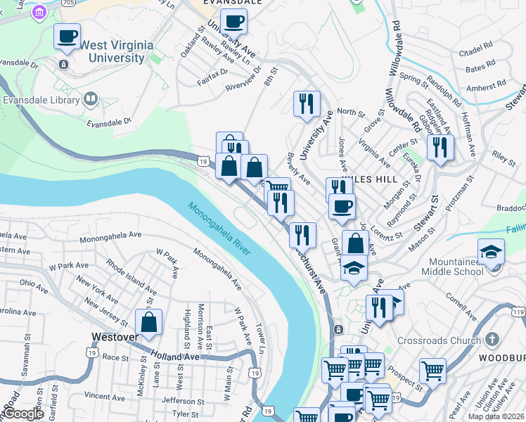map of restaurants, bars, coffee shops, grocery stores, and more near 505 Beechurst Avenue in Morgantown