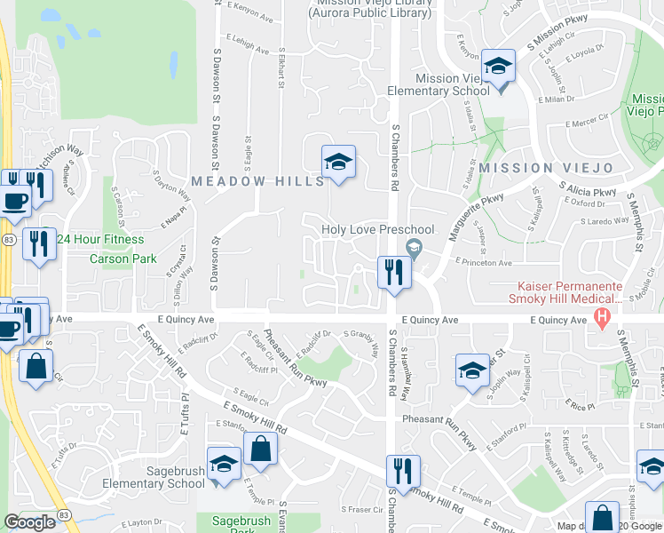 map of restaurants, bars, coffee shops, grocery stores, and more near 4136 South Granby Court in Aurora