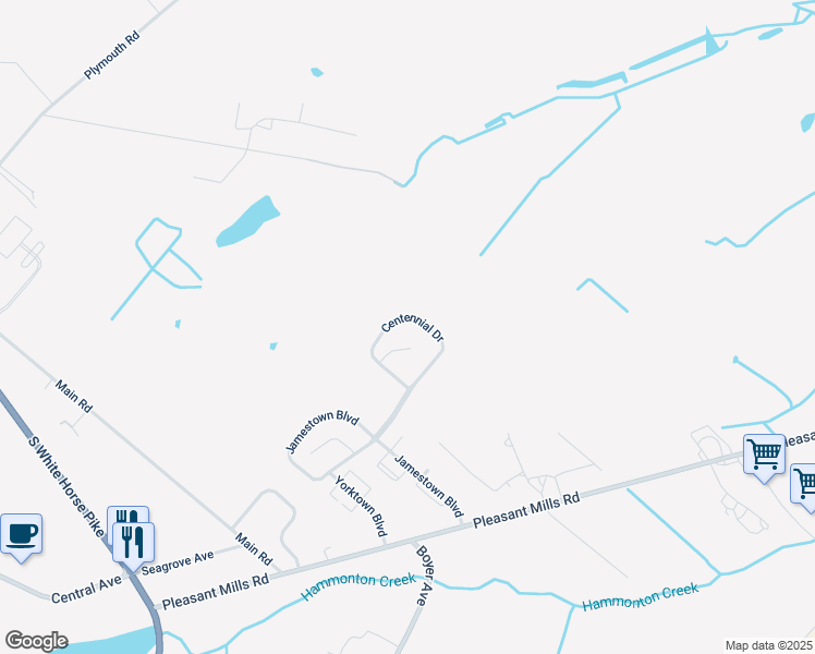 map of restaurants, bars, coffee shops, grocery stores, and more near 65 Centennial Drive in Hammonton