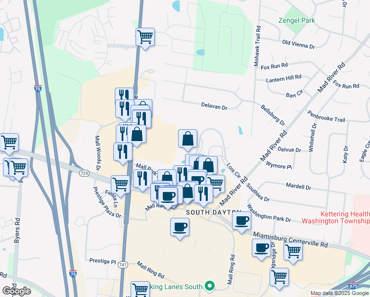 map of restaurants, bars, coffee shops, grocery stores, and more near 7847 Lois Circle in Dayton