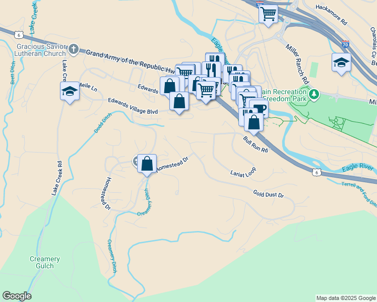 map of restaurants, bars, coffee shops, grocery stores, and more near 111 Gold Dust Drive in Edwards