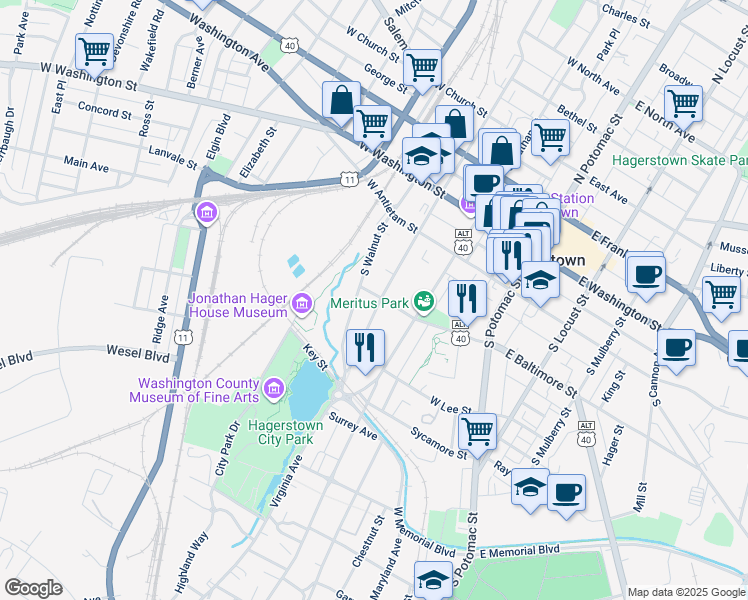 map of restaurants, bars, coffee shops, grocery stores, and more near 203 South Prospect Street in Hagerstown