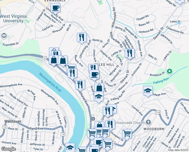 map of restaurants, bars, coffee shops, grocery stores, and more near 2162 University Avenue in Morgantown