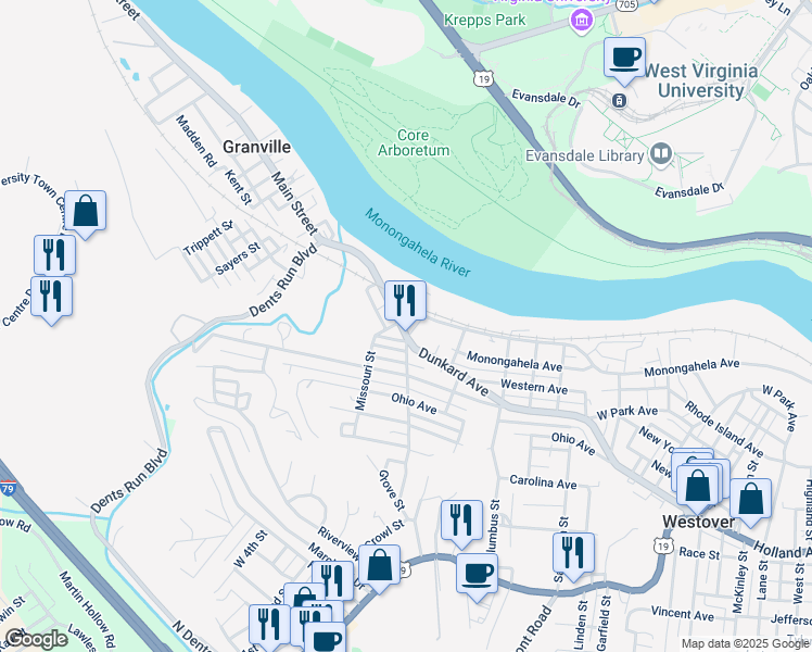 map of restaurants, bars, coffee shops, grocery stores, and more near 458 Dunkard Avenue in Westover