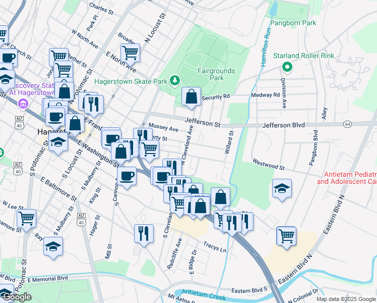 map of restaurants, bars, coffee shops, grocery stores, and more near 104 N Cleveland Ave in Hagerstown