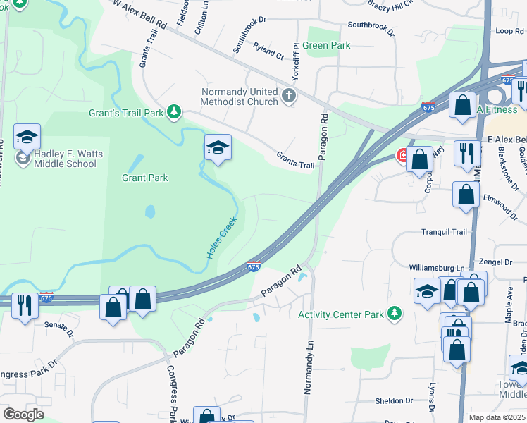 map of restaurants, bars, coffee shops, grocery stores, and more near 7216 Mountain Trail in Dayton