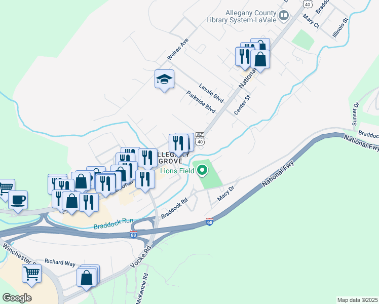 map of restaurants, bars, coffee shops, grocery stores, and more near 1064 National Highway in La Vale