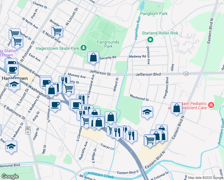 map of restaurants, bars, coffee shops, grocery stores, and more near 571 Liberty Street in Hagerstown