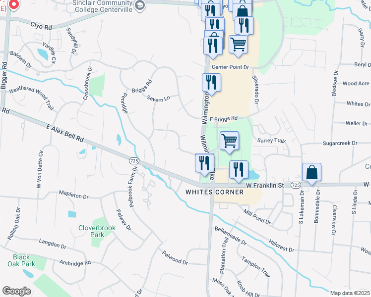 map of restaurants, bars, coffee shops, grocery stores, and more near 2555 Hingham Lane in Dayton