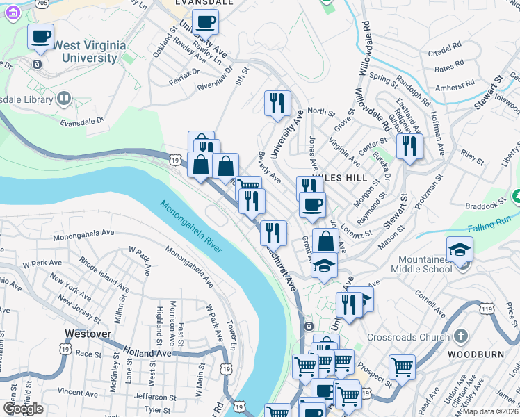 map of restaurants, bars, coffee shops, grocery stores, and more near 404 McLane Avenue in Morgantown
