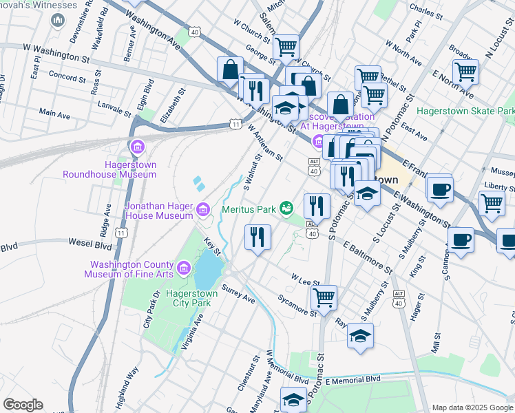 map of restaurants, bars, coffee shops, grocery stores, and more near 203 West Baltimore Street in Hagerstown
