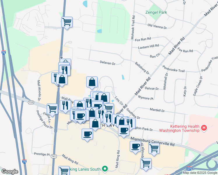 map of restaurants, bars, coffee shops, grocery stores, and more near 7740 Lois Circle in Dayton