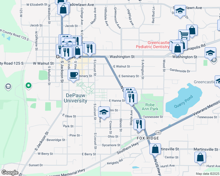 map of restaurants, bars, coffee shops, grocery stores, and more near 421 Anderson Street in Greencastle
