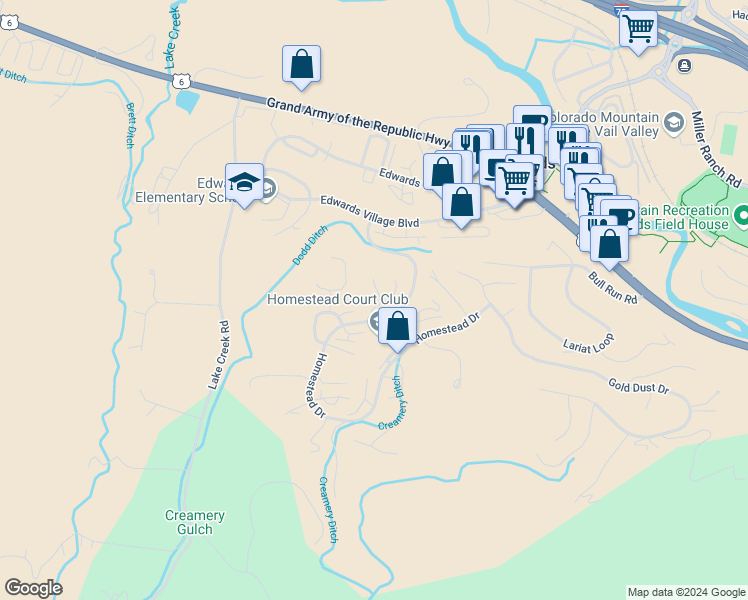 map of restaurants, bars, coffee shops, grocery stores, and more near 37 Castle Peak Lane in Edwards