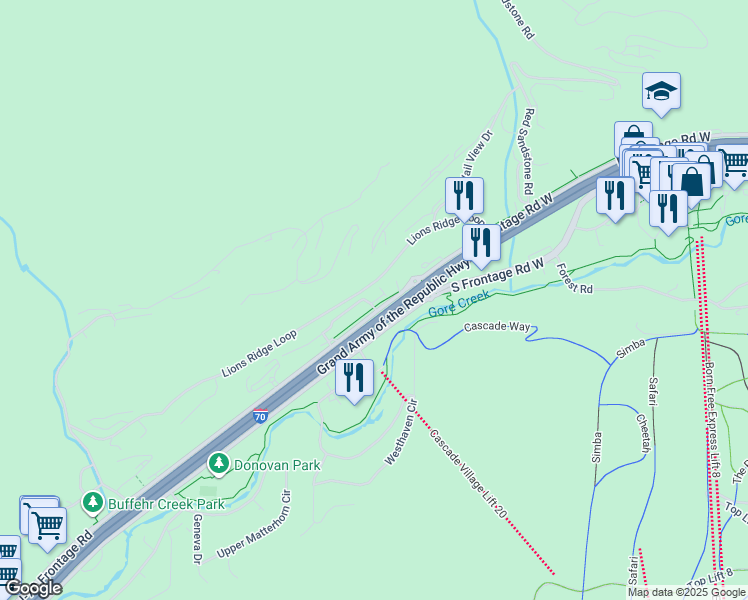 map of restaurants, bars, coffee shops, grocery stores, and more near 1265 North Frontage Road West in Vail