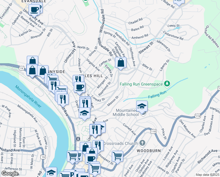 map of restaurants, bars, coffee shops, grocery stores, and more near 53 Highland Avenue in Morgantown