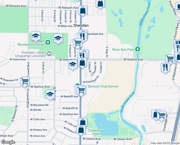 map of restaurants, bars, coffee shops, grocery stores, and more near 4181 South Eliot Street in Sheridan