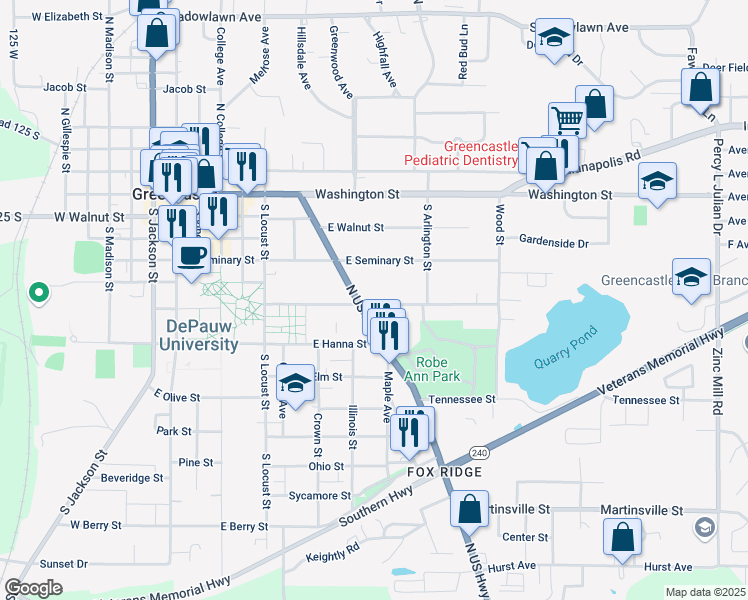map of restaurants, bars, coffee shops, grocery stores, and more near 521 Anderson Street in Greencastle