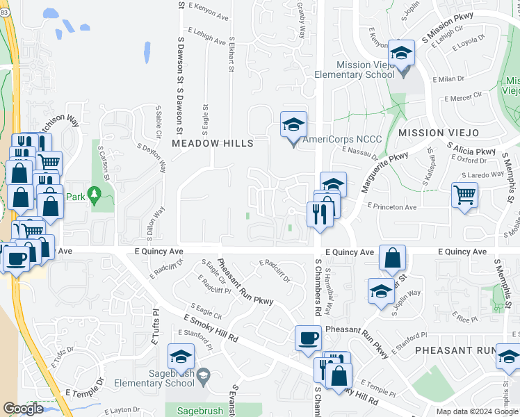 map of restaurants, bars, coffee shops, grocery stores, and more near 4181 South Fraser Street in Aurora