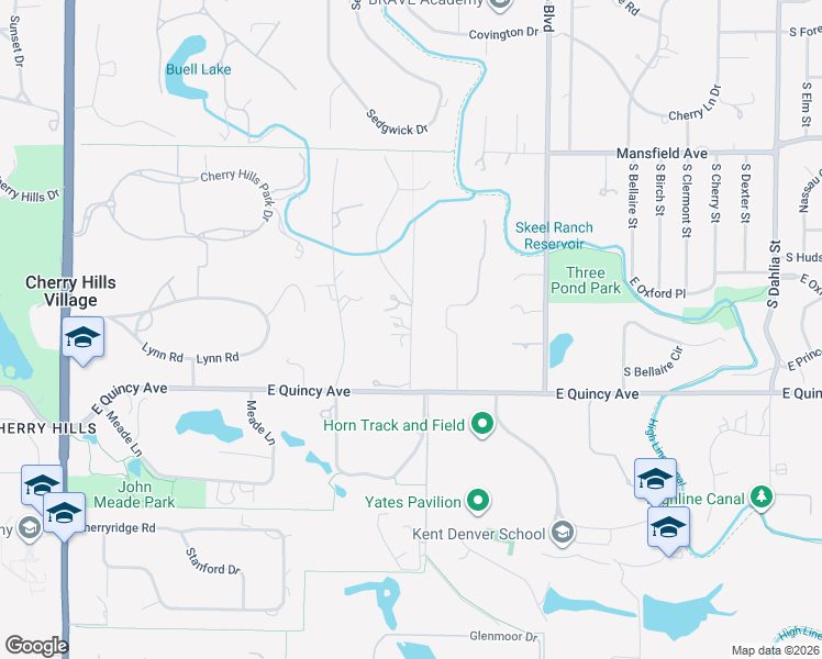 map of restaurants, bars, coffee shops, grocery stores, and more near 7 South Vista Road in Cherry Hills Village