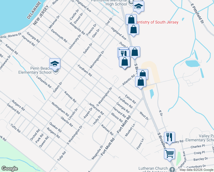 map of restaurants, bars, coffee shops, grocery stores, and more near 44 Fordham Road in Pennsville