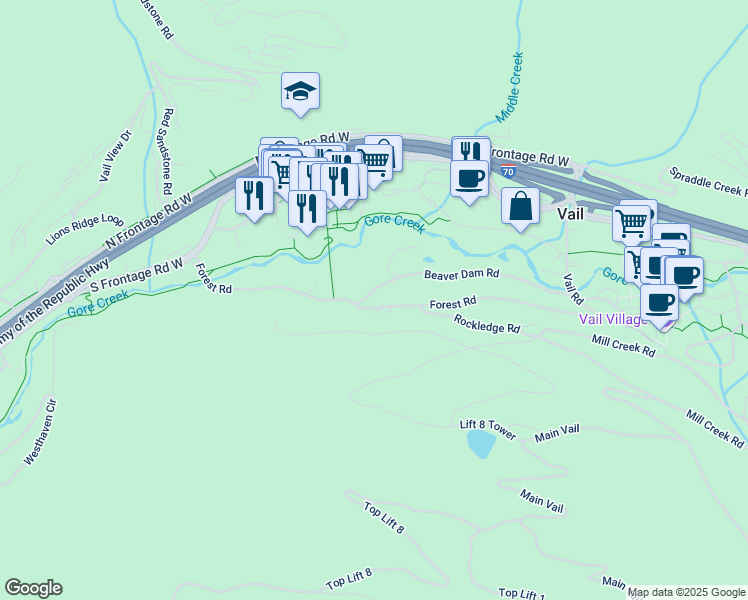 map of restaurants, bars, coffee shops, grocery stores, and more near 72 East Beaver Creek Boulevard in Avon