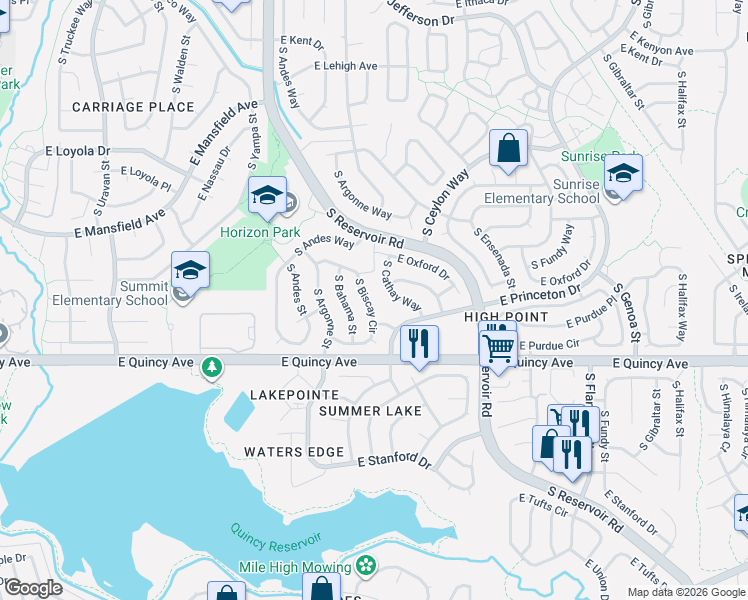 map of restaurants, bars, coffee shops, grocery stores, and more near 4181 South Cathay Way in Aurora