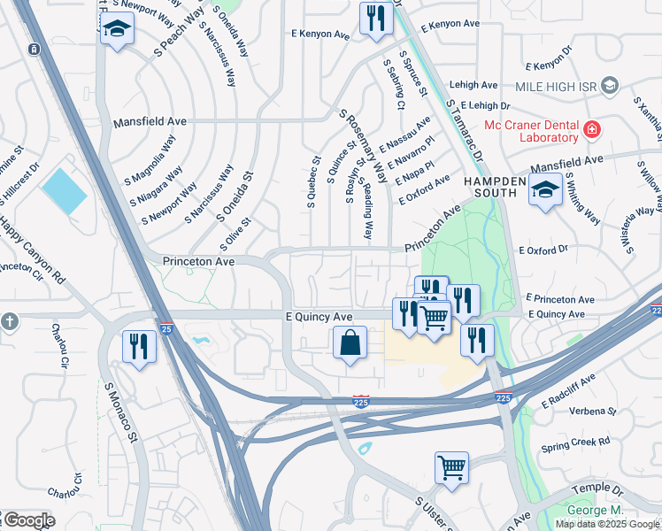 map of restaurants, bars, coffee shops, grocery stores, and more near 7364 East Princeton Avenue in Denver
