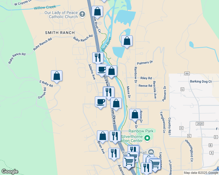 map of restaurants, bars, coffee shops, grocery stores, and more near 943 Blue River Parkway in Silverthorne