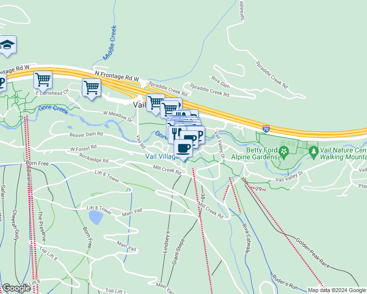 map of restaurants, bars, coffee shops, grocery stores, and more near 225 Wall Street in Vail
