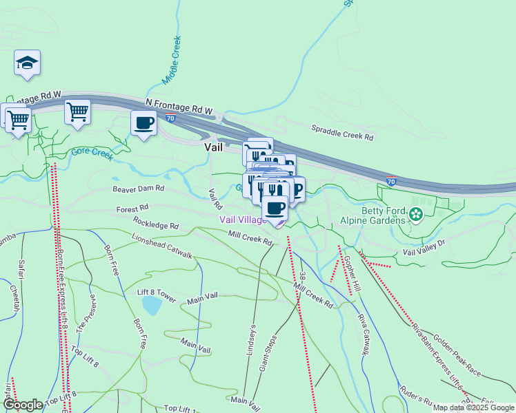 map of restaurants, bars, coffee shops, grocery stores, and more near 149 Gore Creek Drive in Vail