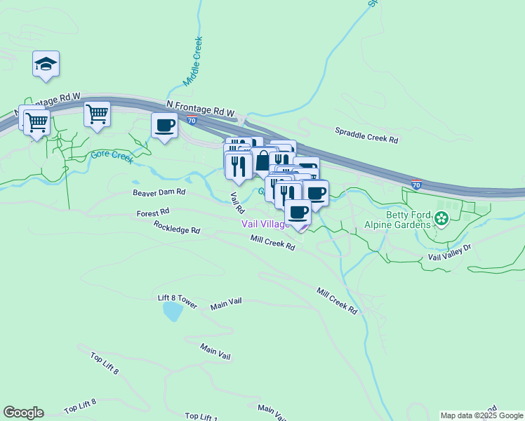 map of restaurants, bars, coffee shops, grocery stores, and more near 44 Willow Place in Vail