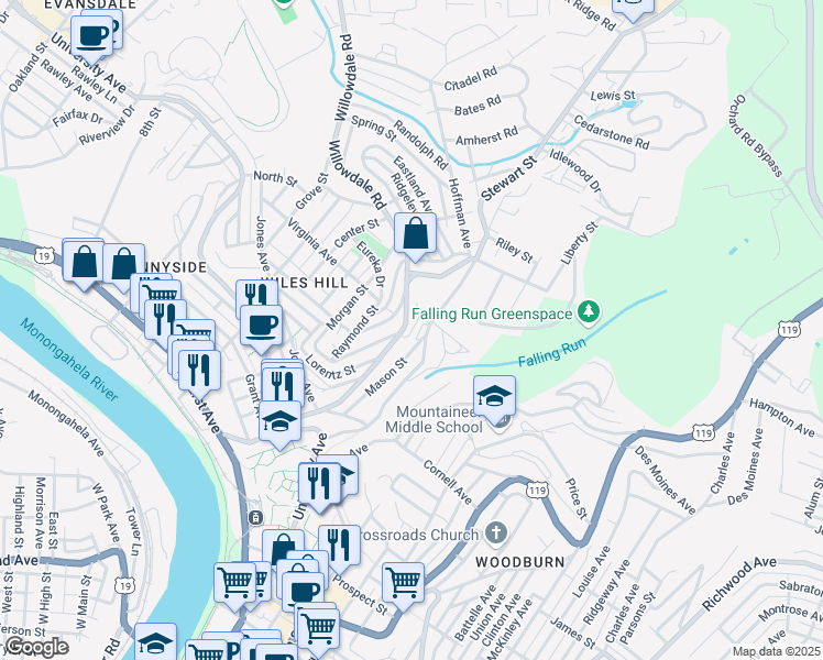 map of restaurants, bars, coffee shops, grocery stores, and more near 438 Stewart Street in Morgantown