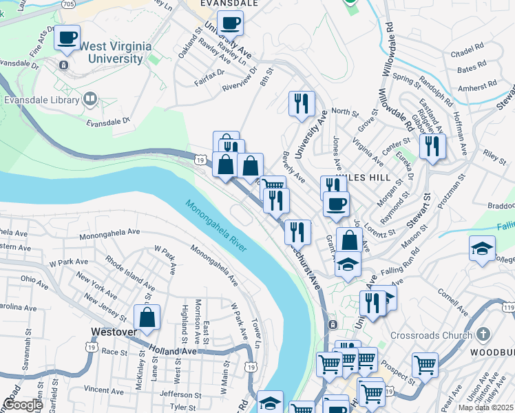map of restaurants, bars, coffee shops, grocery stores, and more near 507 Beechurst Avenue in Morgantown
