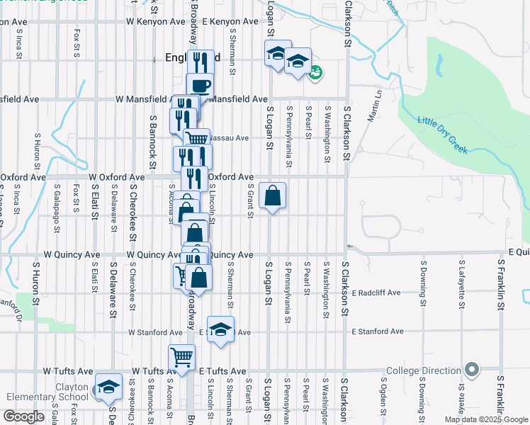 map of restaurants, bars, coffee shops, grocery stores, and more near 4197 South Logan Street in Englewood