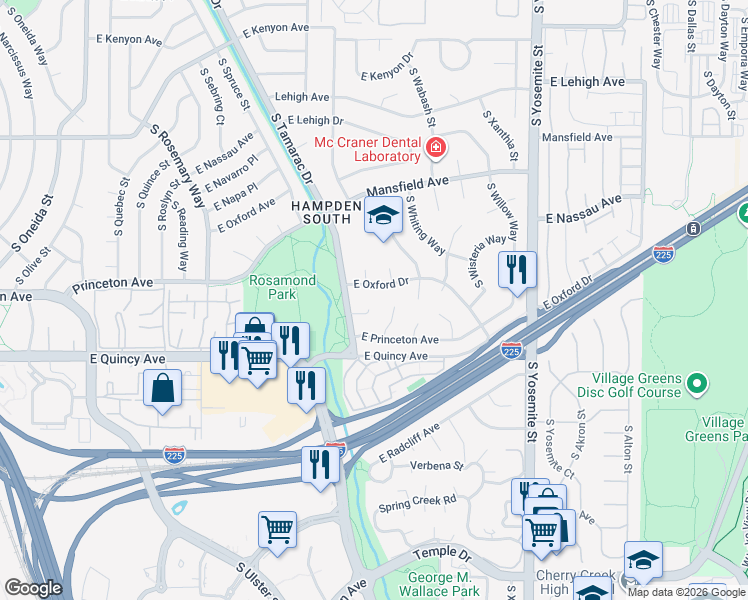 map of restaurants, bars, coffee shops, grocery stores, and more near 8063 E Oberlin Pl in Denver