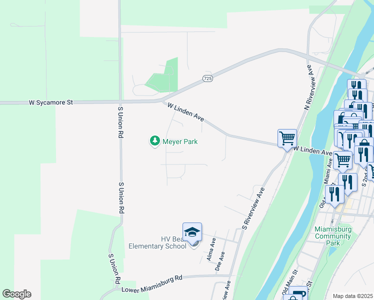 map of restaurants, bars, coffee shops, grocery stores, and more near 635 Dunraven Pass in Miamisburg