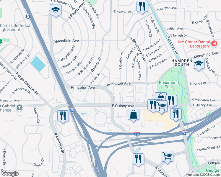 map of restaurants, bars, coffee shops, grocery stores, and more near 7170 East Princeton Avenue in Denver