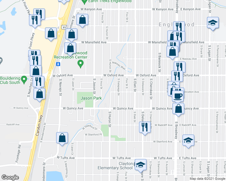 map of restaurants, bars, coffee shops, grocery stores, and more near 4190 South Huron Street in Englewood